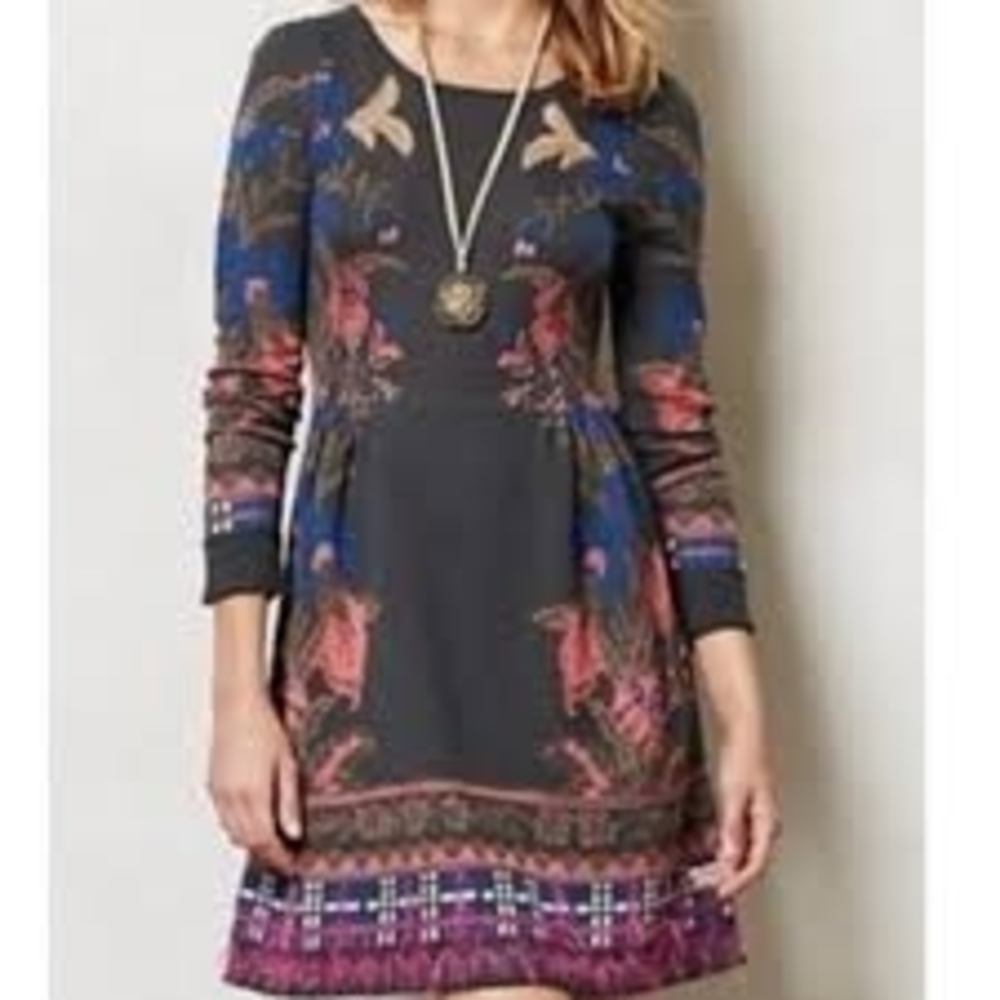 Anthropologie Knotted Knitted Floral Embroidery Long Sleeve Dress Medium